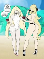 1milf 2girls ass beach big_ass big_breasts bikini black_nails breast_size_difference classy classy_female color_edit cynthia_(pokemon) eyewear glass high_heels lusamine_(pokemon) medium_breasts milf multiple_girls nail_polish older_female pokemon pokemon_dppt pokemon_sm red_nails rich rich_girl rich_lady sunglasses tagme thiccwithaq wine