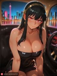 ai_generated black_dress black_hair blurry_background blush car_interior city_background city_lights cityscape cleavage cropped_arms delloyer111 earrings female gold_hairband hairband large_breasts microdress night patreon_logo patreon_username red_eyes shiny_clothes smile spy_x_family watermark web_address yor_forger