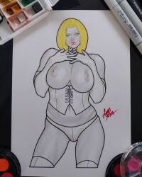 blonde_female blonde_hair blue_eyes breasts breasts_out corset emma_frost hellfire_club huge_breasts lucas_silva lumo_studio marvel marvel_comics panties pinup topless topless_female white_queen x-men