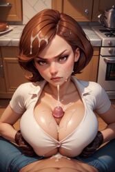 1boy 1girls ai_generated brown_eyes brown_hair cleavage cum cum_in_hair cum_on_breasts cum_on_face ejaculation_between_breasts elastigirl gloves helen_parr navel paizuri_under_clothes penis_between_breasts pov_eye_contact the_incredibles the_incredibles_2