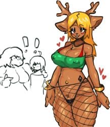 deltarune female fishnets kris_(deltarune) noelle_holiday pierced_nipples slutty_outfit spade_tattoo susie_(deltarune) tozamtr visible_nipples visible_underwear