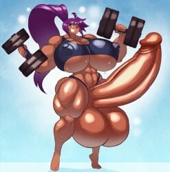 angstrom anzu_(docbats) dark-skinned_female dark-skinned_futanari dark_skin futanari hyper_breasts hyper_penis muscular muscular_female muscular_futanari nipple_bulge purple_hair sweat working_out