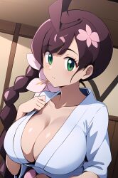 1girls ai_generated big_breasts breasts chloe_(pokemon) cleavage collarbone female female_focus female_only green_eyes nintendo pokemon pokemon_journeys purple_hair ryuzam solo