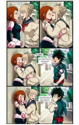 1boy 2girls 2girls1boy blush boku_no_hero_academia canon_couple caught_in_the_act comic comic_page comic_panel deku dialogue dialogue_bubble embarrassed enemies_to_lovers floonasif himiko_toga holding invitation inviting izuku_midoriya kissing lesbian_kiss lezdom looking_at_crotch my_hero_academia ochako_uraraka ochako_uraraka_(hero_outfit) polyamory sassy significant_look text threesome throuple toga_himiko uravity watching wholesome yuri