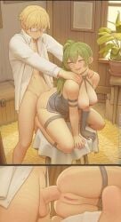 1boy 1girls anal anal_penetration anal_sex ass barefoot bartolomeobari blonde_hair blonde_male breasts_out carpet chest duo female from_behind glasses green_hair indoors kneeling land_(sousou_no_frieren) large_breasts long_hair looking_back male medium_hair megane moderate_pubic_hair penis plant purple_eyes pussy pussy_hair sex shaved_pussy sousou_no_frieren straight ubel_(sousou_no_frieren) uncensored yellow_hair