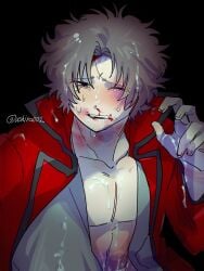 after_rape after_sex blood brown_hair bruise bruises cum cum_on_body cum_on_face cum_on_hair gintama looking_at_viewer male male_only mukai00_2 nosebleed one_eye_closed open_shirt rope_marks sakamoto_tatsuma solo tears upper_body