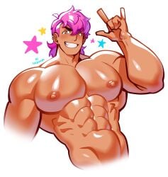 abs bara biceps big_chest big_pecs gay huge_chest huge_pecs male male_only muscular muscular_male pink_eyes pink_hair sachuman tan_body