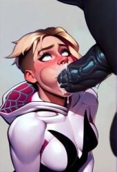 1boy 1girls ai_generated blowjob cum_drip cum_in_mouth cum_in_nose dripping_cum female gwen_stacy male marvel marvel_comics massive_cock massive_penis nsfwaibs oral_sex penis spider-gwen venom venom_(marvel)