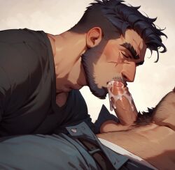 ai_generated bara blowjob cum cum_in_mouth gay gay_blowjob male/male muscle penis yaoi