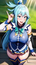 ai_generated aqua_(konosuba) big_breasts blue_eyes blue_hair embarrassed kono_subarashii_sekai_ni_shukufuku_wo! legs nipples skirt tongue