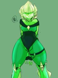 2016 arms_behind_back artist_name artist_signature bare_shoulders blonde_hair chikkibug clothed collarbone erect_nipples gem gem_(species) green_background green_skin leotard peridot_(steven_universe) prosthetic sketch small_breasts standing steven_universe thick_thighs thigh_strap thighs vibrator vibrator_under_panties visor wince