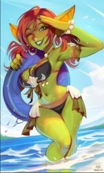 1girls beach bikini black_fingernails blue_eyes blush detailed_background earrings female female_only goblin goblin_female green_skin hi_res inflatable long_hair looking_at_viewer maewix1 pearl_bracelet pointy_ears red_hair sea smiling smiling_at_viewer solo teeth_showing twintails wink winking_at_viewer