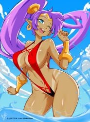 1girls bayeuxman beach blue_eyes breasts circlet clouds earrings female hoop_earrings in_water large_breasts looking_at_viewer midriff navel ocean one-piece_swimsuit outside ponytail purple_hair red_one-piece_swimsuit red_swimsuit shantae shantae_(character) sky slingshot_swimsuit swimsuit tanline vambraces water