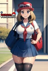 ai_generated black_stockings blonde_hair blue_eyes game_freak hat nintendo school school_uniform schoolgirl serena_(pokemon) skirt thighhighs thighs