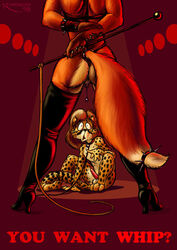 1990s 1998 anthro ass boots canid canine cheetah clothing domination dominatrix fear felid feline female female_domination footwear fox genital_piercing holding_object kundalini male mammal nude penis piercing pussy whip