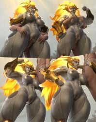 1boy 1girls 3d 4k blender blender_(software) blender_eevee blowjob dota_2 dzooworks female glowing_eyes grabbing highres long_hair massive_thighs metallic_body muscular muscular_female muscular_male outside self_upload sex vaginal_penetration valora_the_dawnbreaker video_games watermark