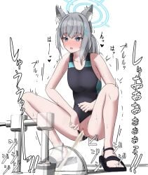 1girls animal_ears blue_archive female grey_hair halo japanese_text kenzen55884 peeing school_swimsuit shiroko_(blue_archive) shiroko_(swimsuit)_(blue_archive) squat_toilet squatting swimsuit tagme toilet