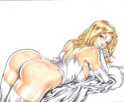 ass ass_focus ass_up blonde_female blonde_hair blue_eyes bottomless bottomless_female bubble_butt corset ed_benes ed_benes_studio emma_frost hellfire_club marvel marvel_comics no_panties silver_lipstick white_queen x-men