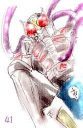 armor armored_male belt clenched_hand context_at_source hand_up imagin kamen_rider kamen_rider_den-o kamen_rider_den-o_(series) legs_spread momotaros no_visible_genitalia on_back on_bike purple_tentacles red_armor simple_background sketch suggestive tentacle tentacles_on_male unseen_character unseen_male yaoi