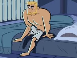 1boy aged_up aizenhower bara beard bed blonde_hair boxers bulge danny_phantom dash_baxter erection male_focus muscle solo solo_focus topless underwear waking_up