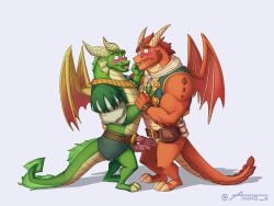 2022 activision anino_x anthro belt blush bodily_fluids clothing delbin_(spyro) dragon duo frottage genital_fluids hand_holding hand_on_chest hand_on_face hand_on_hip hi_res kissing looking_at_viewer male male/male mythological_creature mythological_scalie mythology nestor_(spyro) penile precum saliva saliva_string scalie sex signature spyro_the_dragon standing tail tongue tongue_out topwear vest wings