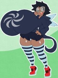 angstrom dark-skinned_female female_only freckles glasses homestuck hoodie hyper_breasts jade_harley panties short_hair skirt smile thick_thighs thighhighs top_heavy