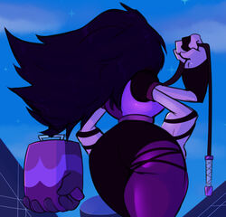 2016 4_arms ass asymmetrical_clothes back_turned big_ass black_hair cartoon_network chikkibug clothed colored female female_only fingerless_gloves flail fusion gem_(species) gem_fusion hand_on_hip long_hair mace multi_arm multi_limb night outside purple_skin rear_view sky solo solo_female steven_universe sugilite_(steven_universe) thick_thighs thighs vambraces