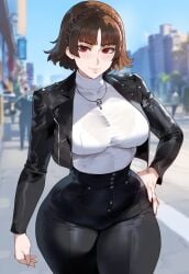 ai_generated black_jacket brown_hair creamy_ai curvy jacket large_breasts makoto_niijima pants persona persona_5 red_eyes shirt short_hair skindentation thick_thighs wide_hips