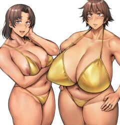 2girls areola_slip areolae bikini black_hair blue_eyes breasts brown_eyes countryside_aunt_(pepe_(jonasan)) female female_only gigantic_breasts gold_bikini hand_on_face hands_on_hips large_breasts looking_at_viewer mature_female multiple_girls original pepe_(jonasan) ring short-haired_aunt_(pepe_(jonasan)) short_hair simple_background slightly_chubby smile standing swimsuit tagme thick_thighs thighs wedding_ring white_background
