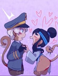 2d admiral_brickell anthro artist_request ass_visible_through_clothes black_gloves black_hair bloons_tower_defense blue_eyes blush brown_fur btd6 casualstick furry happy heart lesbian monkey monkey_girl primate sauda thick_thighs white_hair yuri