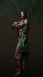 1girls 3d ass big_breasts bodypaint braid brown_eyes brown_hair cleavage covering_breasts covering_crotch feet female female_only forsavide freckles hair_ornament julia_chang looking_at_viewer namco pubic_hair sandals solo sweat tekken tekken_7 toes twin_braids