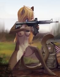 2019 american_flag anthro ar-15 backpack blonde_hair blue_eyes breasts cougar felid feline female flag fur furry furry_only gun hair hi_res mammal navel nipples nude nude_female one_eye_closed outside pussy ranged_weapon rifle sicmop sierra_(pumapaws) solo solo_female weapon