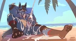 anthro balls beach blue_body blue_fur bodily_fluids canid canine chest_spike claws clothing cum cum_on_balls cum_on_chest cum_on_face cum_on_leg cum_on_penis cum_on_self cumshot ejaculation erection fur generation_4_pokemon genital_fluids genitals hair hi_res humanoid_genitalia humanoid_penis justtoast lucario male male_solo mammal masturbation muscular muscular_anthro muscular_male nintendo nipples nude outside pawpads penetration penile penile_masturbation penis pokemon pokemon_(species) red_eyes redventus sand seaside sky sole_male solo solo_male spikes spikes_(anatomy) swimwear tail tan_body tan_fur water