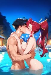 1boy 1girls 2d ai_generated big_breasts completely_nude completely_nude_female embrace kissing kissing nude nude_female nude_male onsen outdoors ponytail red_hair standing tagme tengen_toppa_gurren_lagann yoko_littner