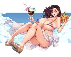 1girls american_flag american_flag_bikini belly beryl_(junkpuyo) bikini bracelet breasts brown_hair busty cloud cocktail_umbrella cup curvy drinking_straw earrings eyewear_on_head feet flag_print floating food hamburger holding holding_cup hoop_earrings huge_breasts jewelry junkpuyo looking_to_the_side medium_hair navel open_mouth original plump sandals sarong side-tie_bikini soft_drink sunglasses sunglasses_on_head swimsuit thighs voluptuous