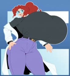 angstrom clothed clothing curly_hair female_only glasses hyper_breasts labcoat red_hair red_head smile smug