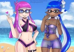 2girls 4k alternate_version_available artist_name beach beach_background belly belly_button big_breasts big_breasts bikini blue_eyes blue_hair blue_sky blue_sky_background breasts breasts breasts brown_eyes dark-skinned_female dark_skin daytime different_breast_sizes different_poses fat_boobs fat_breasts fist_pump glasses hair_clip hi_res high_resolution highres huge_boobs huge_breasts inkling inkling_girl large_boobs large_breasts pale-skinned_female pale_skin peace_sign pink_hair plump_boobs plump_breasts revealing revealing_breasts revealing_clothes revealing_outfit revealing_swimsuit sexy sexy_pose shayshayshamera short_shirt shorts splatoon splatoon_(series) splatoon_2 splatoon_3 summer tentacle tentacle_hair v-sign