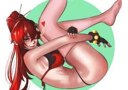 1girls 2024 bra bracelets eyebrows fingerless_gloves fukou_da_man functionally_nude functionally_nude_female heart legs_up long_hair looking_at_viewer red_hair simple_background solo solo_female solo_focus tengen_toppa_gurren_lagann tongue_out wink yellow_eyes yoko_littner