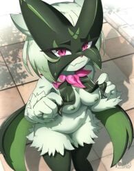 furry green_fur green_hair mask meowscarada pink_eyes pokemon pokemon_(species) rilex_lenov