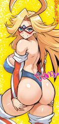 american_flag_bikini asking_for_it ass ass_focus big_breasts bimbo blonde_hair blue_eyes charlotte_vanders cleavage grabbing_own_ass huge_ass kamen_america kamen_america_(character) kamen_america_(series) leotard masked_female open_back smile superheroine thick_thighs thigh_gap thighs