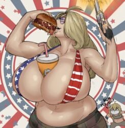 abs american_flag american_flag_bikini armpits big_breasts blonde_hair burger camo camo_pants cup eating eyewear face_mask fast_food female firearm gun gunshot handgun huge_breasts human joey's_mom_(krekk0v) joey_(krekk0v) krekk0v mole mole_under_mouth original revealing revealing_clothes revolver sunglasses swimwear weapon wide_hips