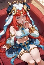 ai_generated belly belly_dancer belly_dancer_outfit blue_eyes blue_nails brinkai couch fellatio_gesture genshin_impact horn midriff nilou_(genshin_impact) red_hair sitting thighs tongue tongue_out twintails wide_hips