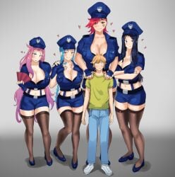 1boy 4girls caitlyn_kiramman ezreal hearts_around_head jinx_(league_of_legends) league_of_legends male police police_uniform policewoman seraphine_(league_of_legends) size_difference tagme thighhighs vi