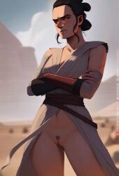 1female ai_generated bottomless desert embarrassed embarrassed_female exposed_vagina looking_away nsfwaibs rey star_wars