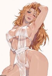 1girls ai_generated arched_back armpits big_breasts bleach bleach:_the_thousand-year_blood_war breasts cameltoe covered_nipples female female_focus female_only hand_on_hair hand_on_head hand_on_thigh lace_bra lace_panties light-skinned_female looking_at_viewer matsumoto_rangiku messy_hair milf narrow_waist nightie nose_blush pubic_hair pussy see-through simple_background smile solo tagme thong white_background