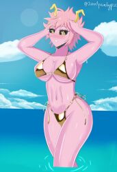 1girls beach big_breasts bikini black_sclera blush breasts female gold_bikini horns john_apocalypse large_breasts mina_ashido my_hero_academia pink_body pink_fur pink_hair solo solo_female thick_thighs thighs yellow_eyes