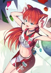 1girls athletic_female athletic_shorts athletic_wear bare_midriff belly belly_button blue_eyes choker climbing_wall crop_top female female_only gym_clothes hair_horns ishizaka_ryuudai iwakakeru!_sport_climbing_girls kurusu_anne long_hair red_hair red_shorts shorts small_breasts