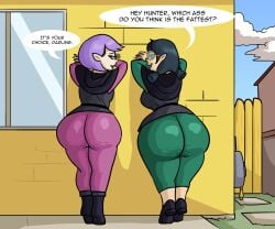 2girls amity_blight ass ass_comparison ass_contest big_ass english_text fat_ass female female_only fully_clothed huge_ass in_public lavender_hair light-skinned_female looking_at_viewer max1mus multiple_girls purple_hair size_talk tagme text the_owl_house willow_park yellow_eyes