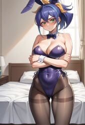 ai_generated arms_together bed blue_hair blush breasts bunny_ears bunnysuit celina female green_eyes isak2905 looking_at_viewer navel nervous ponytail pose ribbon serena_(yu-gi-oh!_arc-v) solo yu-gi-oh! yu-gi-oh!_arc-v