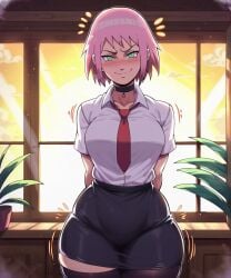 ai_generated big_ass big_breasts big_thighs black_skirt busty_female cute_face d-art_style dawnart detailed_background female grin looking_at_viewer naruto naruto_shippuden sakura_haruno skirt solo solo_female teacher teacher_outfit thigh_highs thighhighs white_shirt